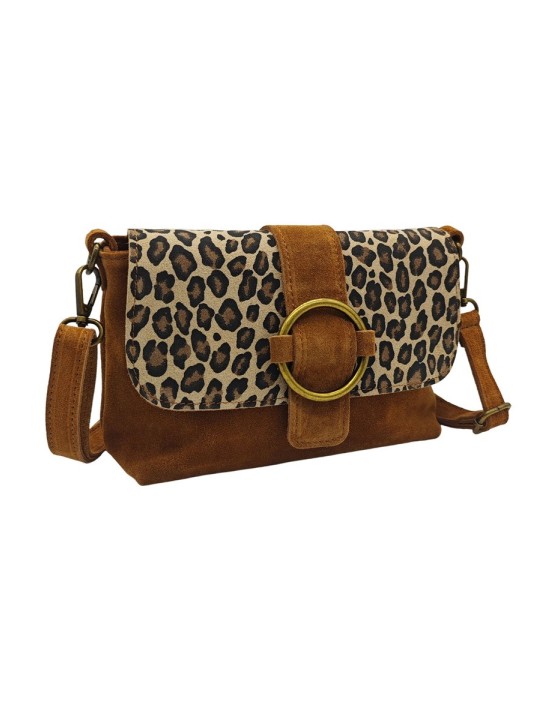 Soleil Chic Sac bandouliere cuir Anneau Besace Nubuck Camel LEO