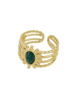Bague Acier Doré avec pierre ovale Malachite - Ikita