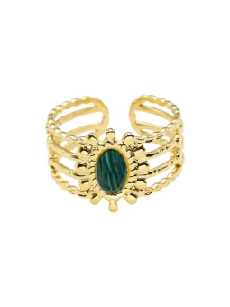 Bague Acier Doré avec pierre ovale Malachite - Ikita