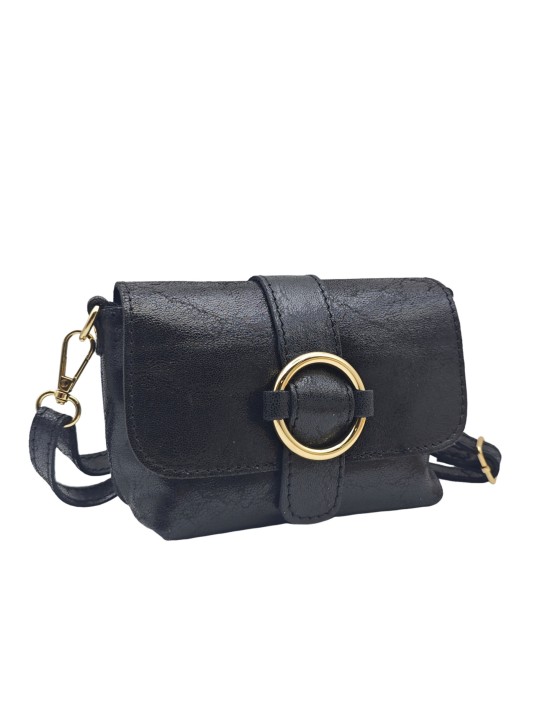 Soleil Chic Mini Sac bandoulière cuir Anneau Besace 166 B Noir