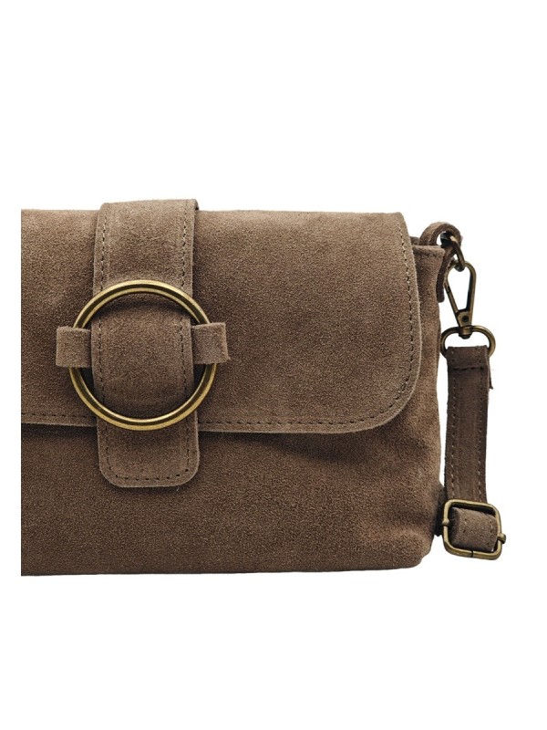Soleil Chic Sac bandouliere cuir Anneau Besace Nubuck Taupe fonce