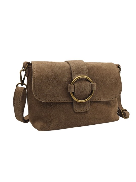 Soleil Chic Sac bandouliere cuir Anneau Besace Nubuck Taupe fonce