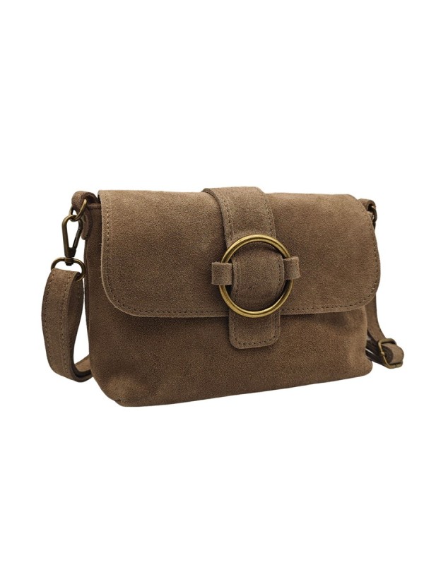 Soleil Chic Sac bandouliere cuir Anneau Besace Nubuck Taupe fonce