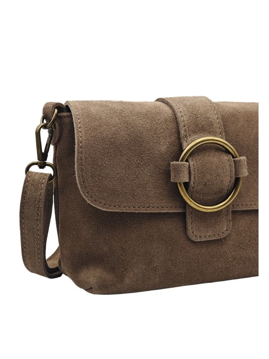 Soleil Chic Sac bandouliere cuir Anneau Besace Nubuck Taupe fonce
