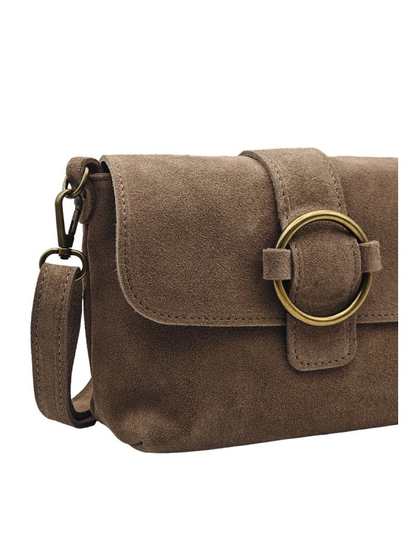 Soleil Chic Sac bandouliere cuir Anneau Besace Nubuck Taupe fonce