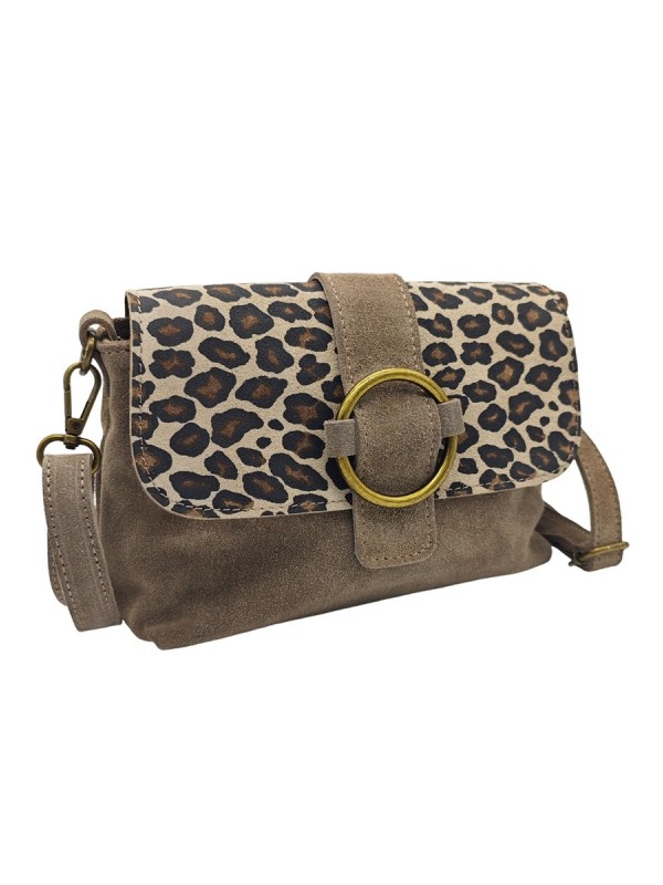 Soleil Chic Sac bandouliere cuir Anneau Besace Nubuck Taupe LEO