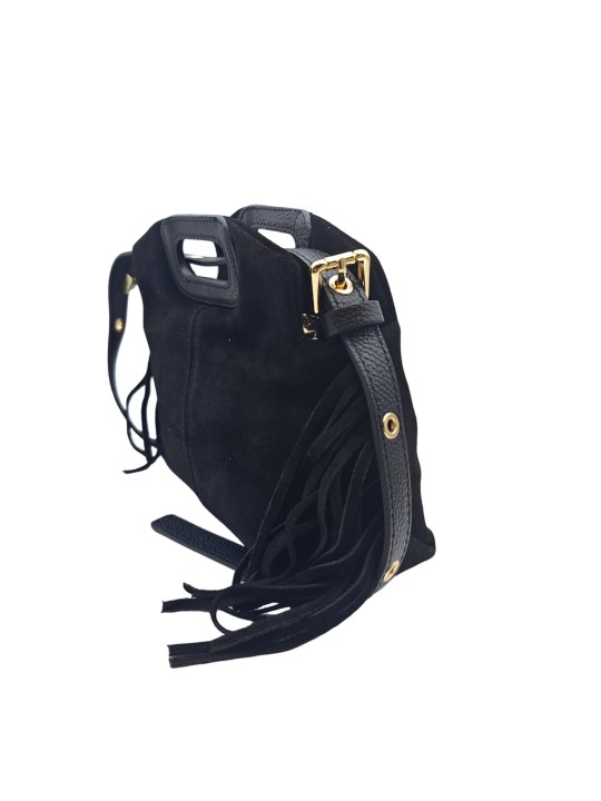 Soleil Chic Pompon Petit Sac à main Noir Nubuck