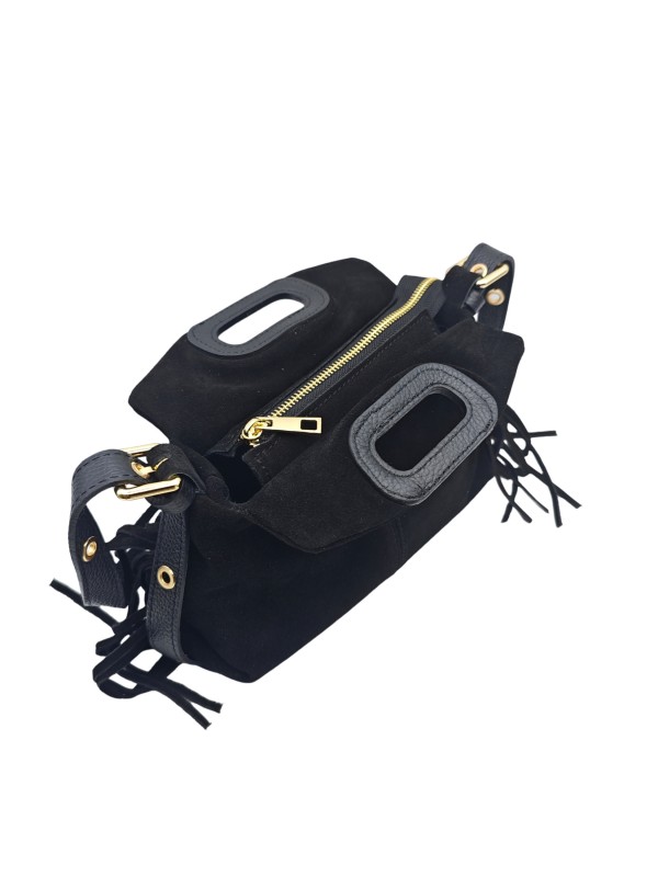Soleil Chic Pompon Petit Sac à main Noir Nubuck