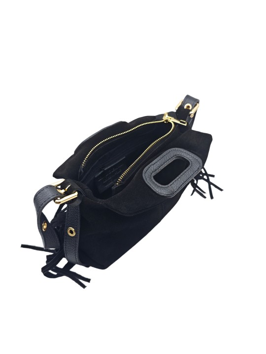 Soleil Chic Pompon Petit Sac à main Noir Nubuck