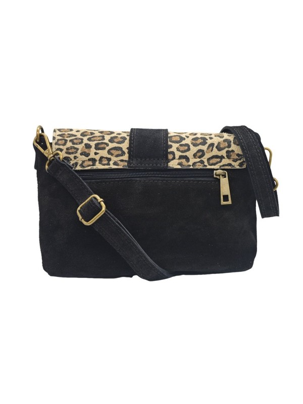 Soleil Chic Sac bandouliere cuir Anneau Besace Nubuck Noir LEO