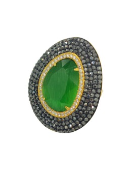 HARMONIE D'OR Bague RPF03 dorée Oeil du chat Vert foncé avec Hématite