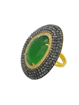 HARMONIE D'OR Bague RPF03 dorée Oeil du chat Vert foncé avec Hématite