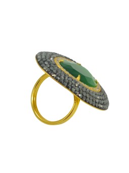 HARMONIE D'OR Bague RPF03 dorée Oeil du chat Vert foncé avec Hématite