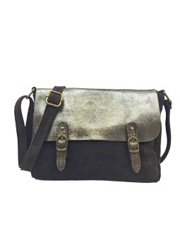 Soleil Chic Sac Bandoulière Cuir Rabat Choco Velours Irise