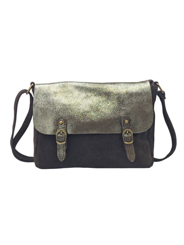 Soleil Chic Sac Bandoulière Cuir Rabat Choco Velours Irise