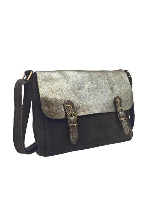 Soleil Chic Sac Bandoulière Cuir Rabat Choco Velours Irise