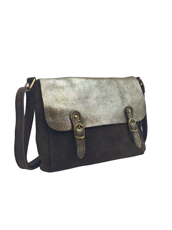 Soleil Chic Sac Bandoulière Cuir Rabat Choco Velours Irise