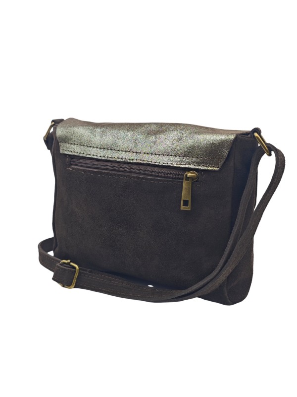 Soleil Chic Sac Bandoulière Cuir Rabat Choco Velours Irise