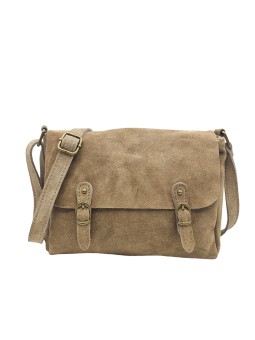 Soleil Chic Sac Bandoulière Cuir Rabat Taupe Velours