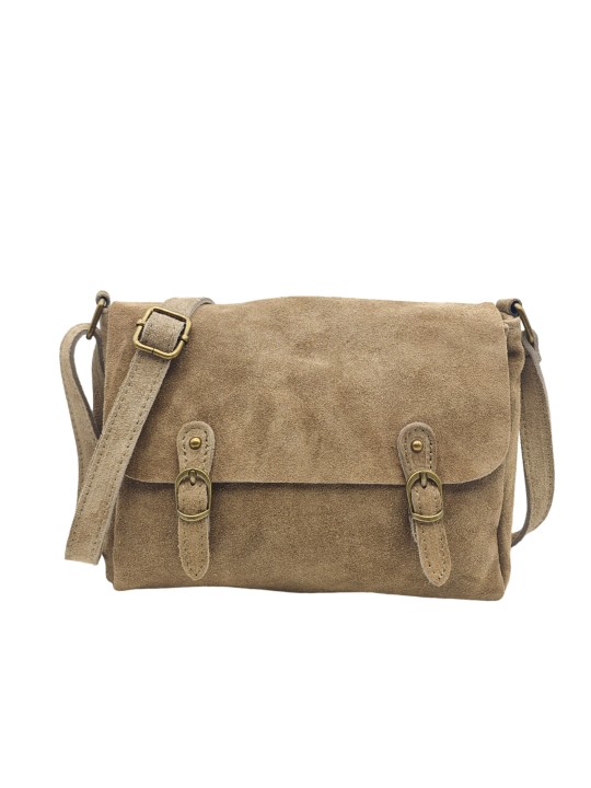 Soleil Chic Sac Bandoulière Cuir Rabat Taupe Velours