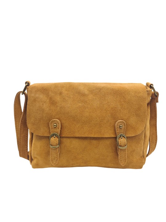 Soleil Chic Sac Bandoulière Cuir Rabat Camel Velours