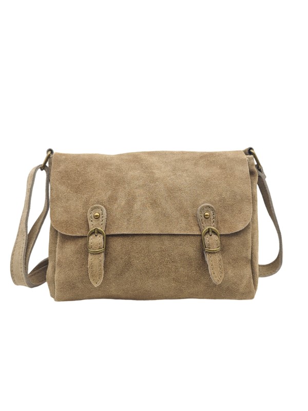 Soleil Chic Sac Bandoulière Cuir Rabat Taupe Velours
