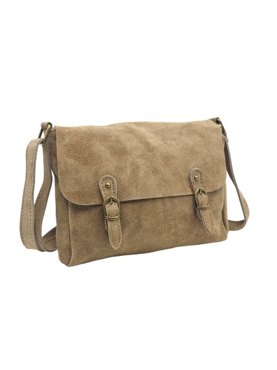 Soleil Chic Sac Bandoulière Cuir Rabat Taupe Velours