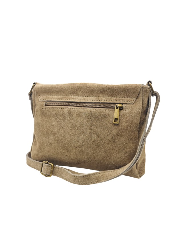 Soleil Chic Sac Bandoulière Cuir Rabat Taupe Velours