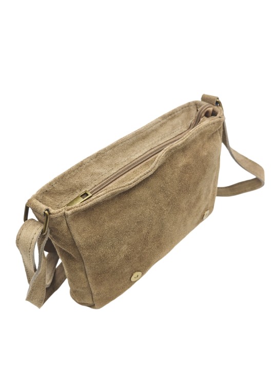 Soleil Chic Sac Bandoulière Cuir Rabat Taupe Velours