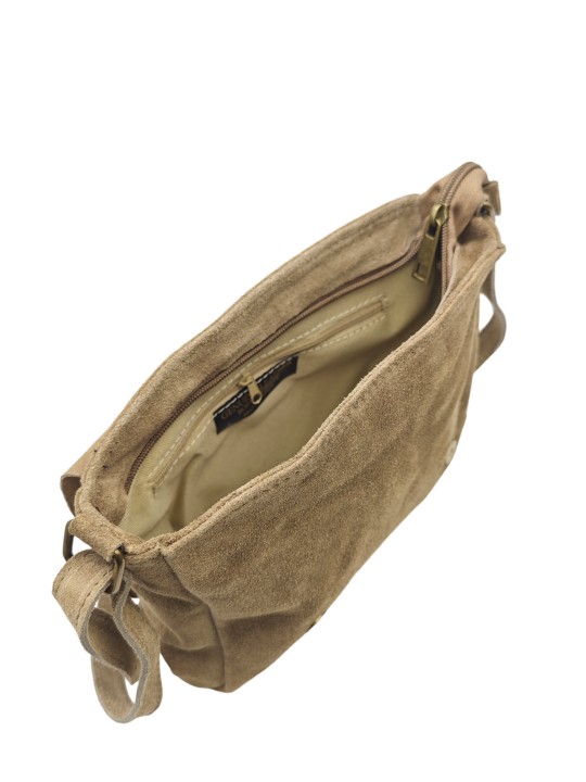 Soleil Chic Sac Bandoulière Cuir Rabat Taupe Velours