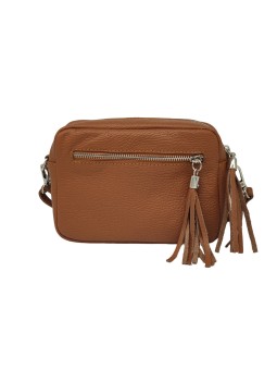 Pompon Sac bandoulière cuir Camel