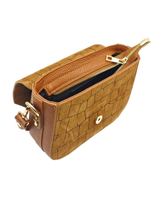 Soleil Chic Elise Sac Bandoulière Cuir Embossé Croco Camel