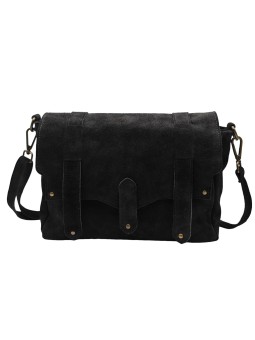 Soleil Chic Sac Bandoulière Cuir Besace Rabat Noir Nubuck