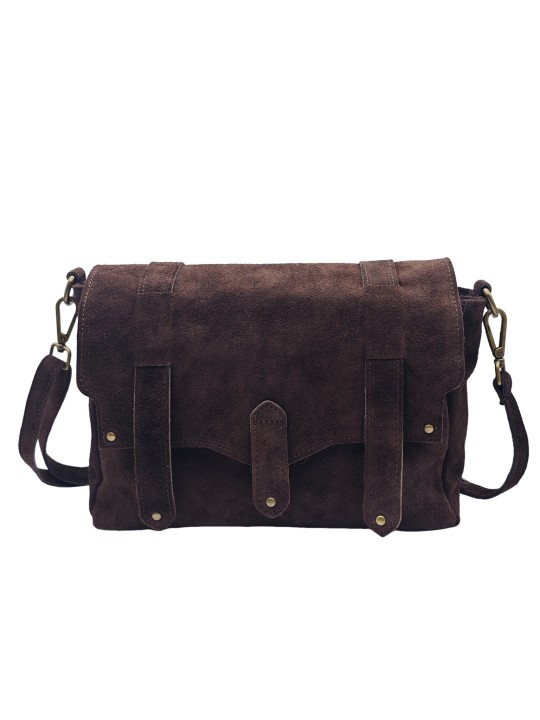 Soleil Chic Sac Bandoulière Cuir Besace Rabat Marron Nubuck
