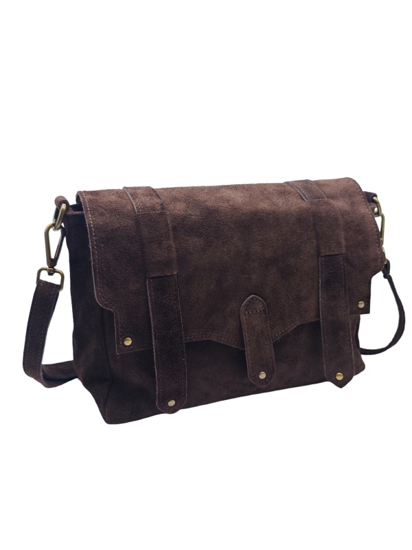 Soleil Chic Sac Bandoulière Cuir Besace Rabat Marron Nubuck