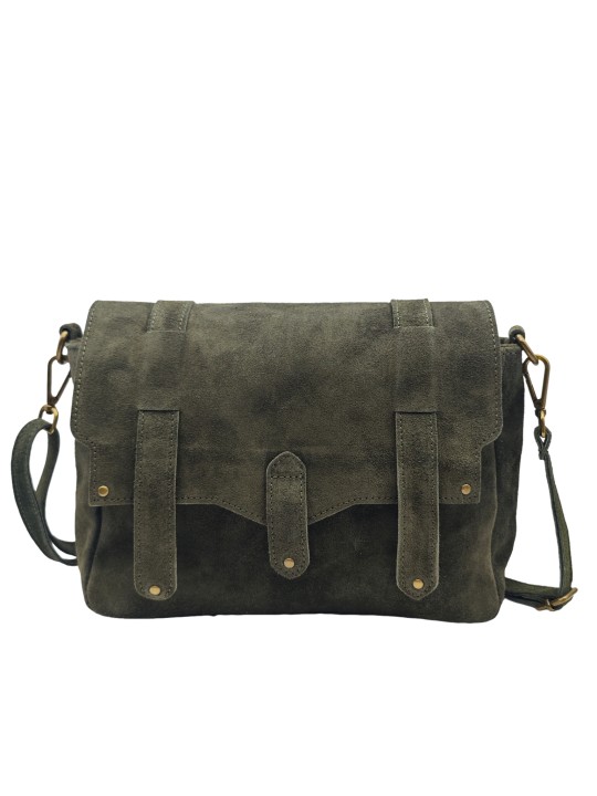Soleil Chic Sac Bandoulière Cuir Besace Rabat Kaki Nubuck
