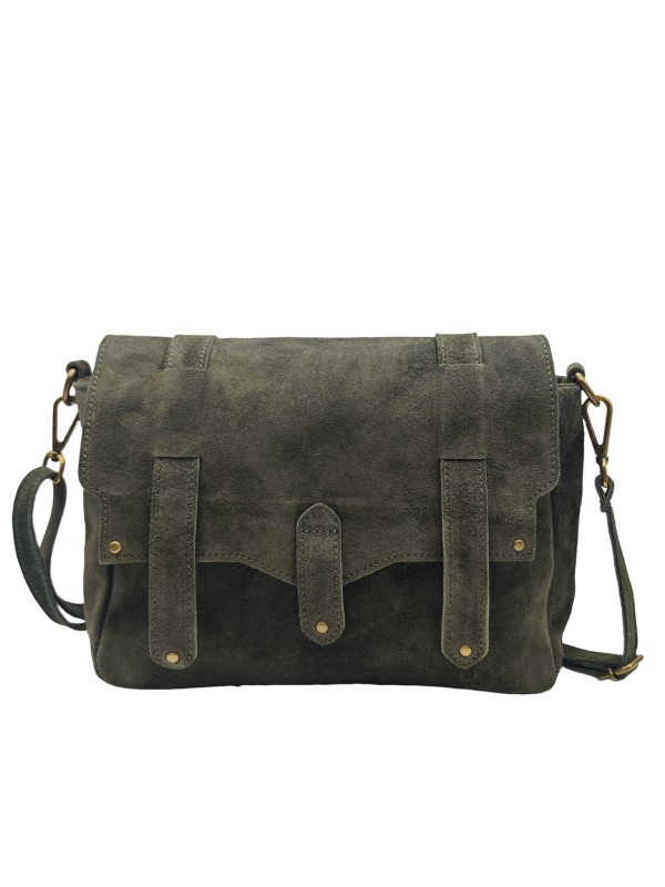 Soleil Chic Sac Bandoulière Cuir Besace Rabat Kaki Nubuck