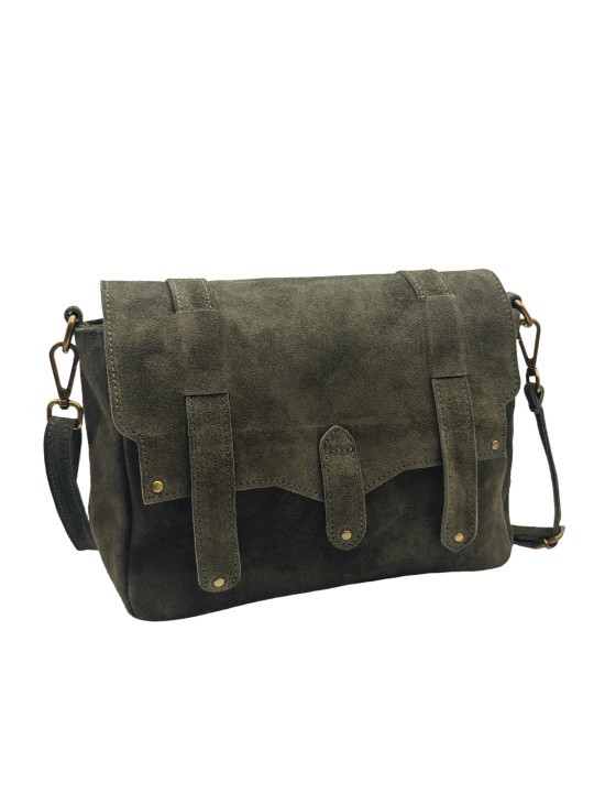 Soleil Chic Sac Bandoulière Cuir Besace Rabat Kaki Nubuck