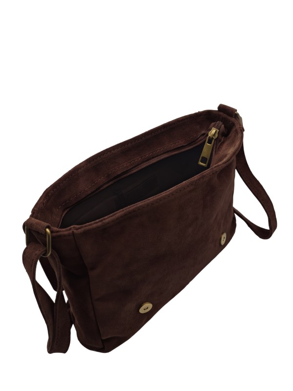 Soleil Chic Sac Bandoulière Cuir Rabat Marron Velours