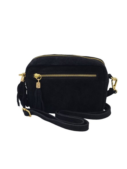 Pompon Sac Bandoulière Cuir Nubuck Noir