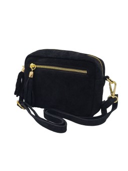 Pompon Sac Bandoulière Cuir Nubuck Noir