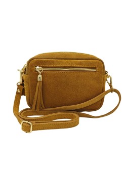 Pompon Sac Bandoulière Cuir Nubuck Camel