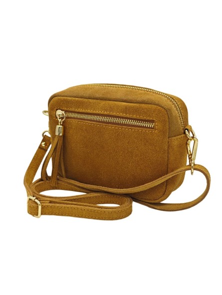 Pompon Sac Bandoulière Cuir Nubuck Camel