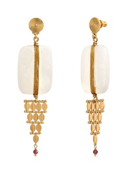Satellite - BABYLONE Boucles d'oreilles cristal de roche soie et maille bijou - blanc