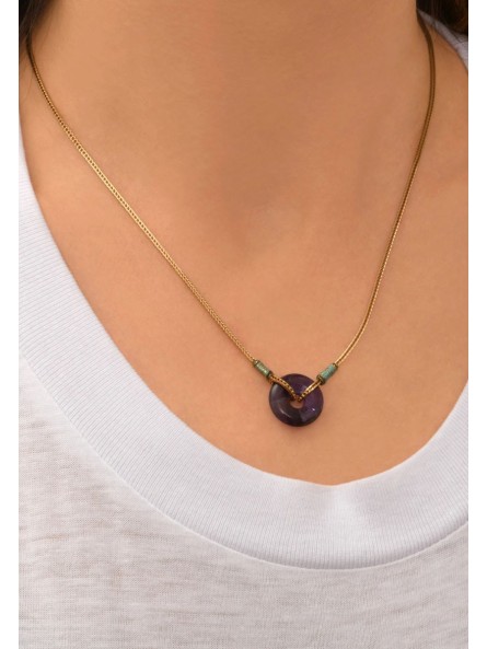 Satellite - BABYLONE Collier pendentif réglable améthyste fils de soie - violet