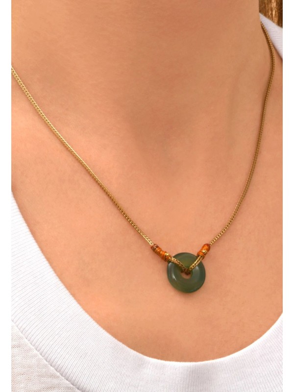 Satellite - BABYLONE Collier pendentif réglable agate et fils de soie - vert
