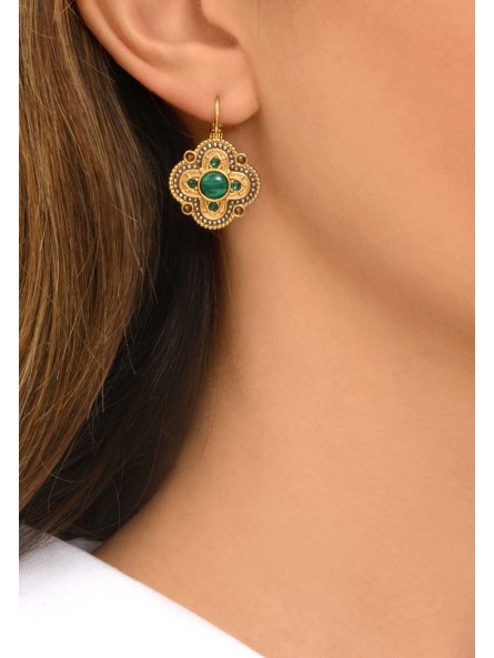 Satellite - POSITANO Boucles d'oreilles dormeuses cabochon malachite et cristal