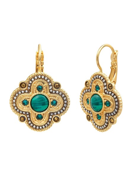 Satellite - POSITANO Boucles d'oreilles dormeuses cabochon malachite et cristal