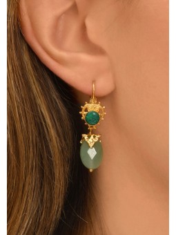 Boucles D'oreilles Dormeuses Cabochon Vert - Artisanales, Argentées Et Pailletées
