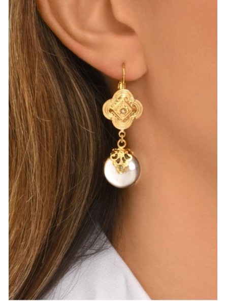 Satellite - POSITANO Boucles d'oreilles dormeuses nacre blanche et cristaux